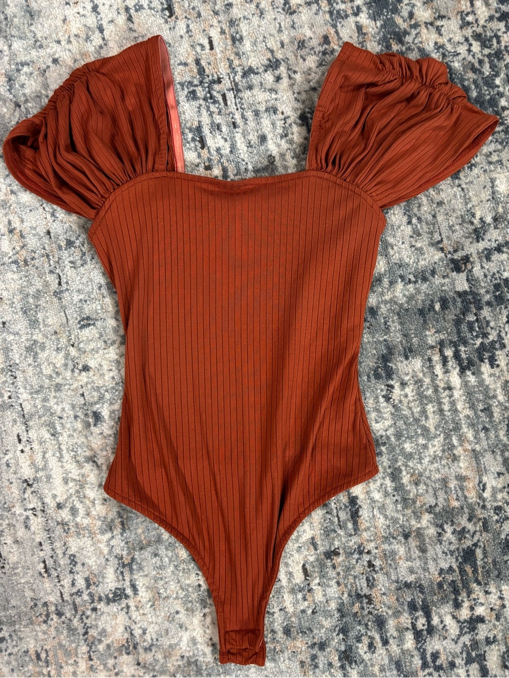 Free People Rust Ribbed Puff-Sleeve Bodysuit